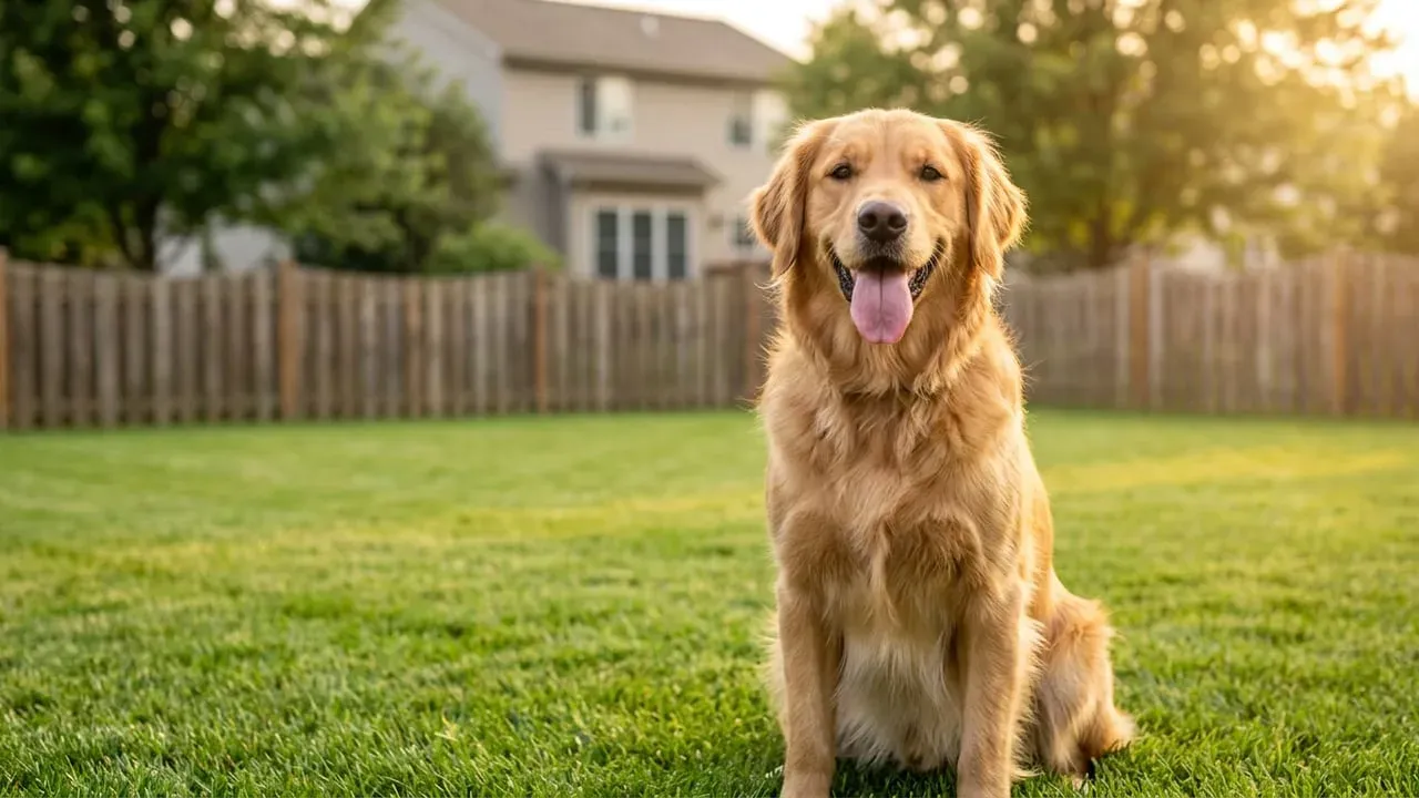 A golden retriever relaxing in a freshly cleaned backyard
