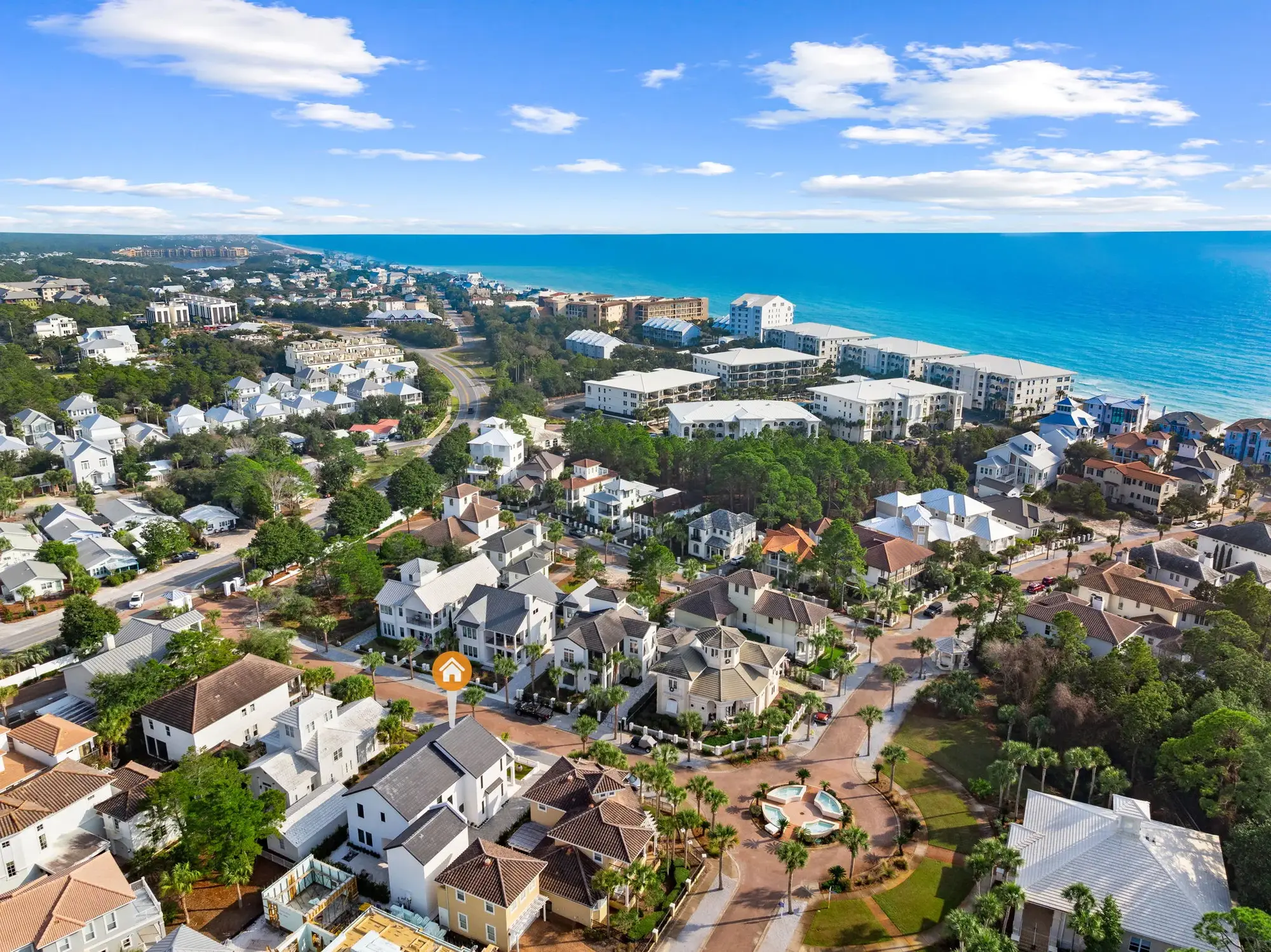 Aerial view of the Walton County coastline, with residential streets running down to the Gulf.